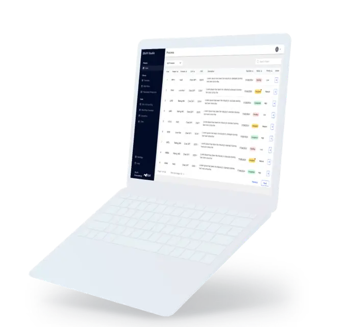 Interface design for a case study card titled 'Construction Tender Management System,' displayed across a desktop monitor, tablet, and two smartphones, showcasing a digital platform with forms, tables, and navigation features optimized for multiple devices.