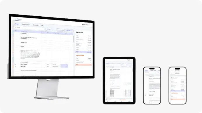 Cover image of the Construction Tender Onboarding & Bidding System case study, showcasing a responsive design displayed across a desktop monitor, tablet, and smartphones with a clean interface for tender management and bidding.